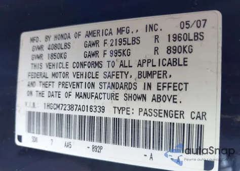 2007 Honda Accord 2.4 Lx from USA, damaged, VIN 1HGCM72387A016339